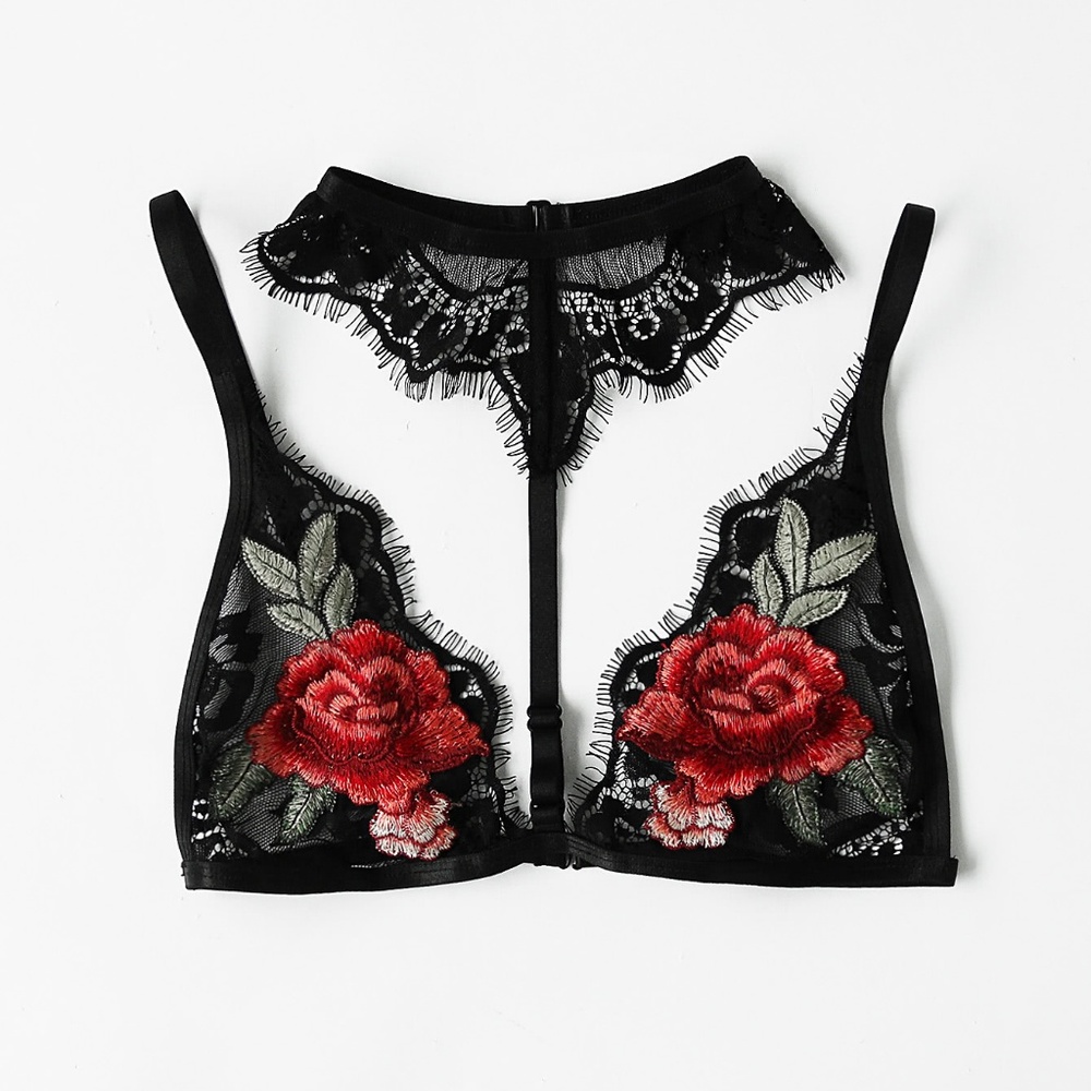 Rose Embroidered Black Lace Choker Bralette - Picture 2 of 4